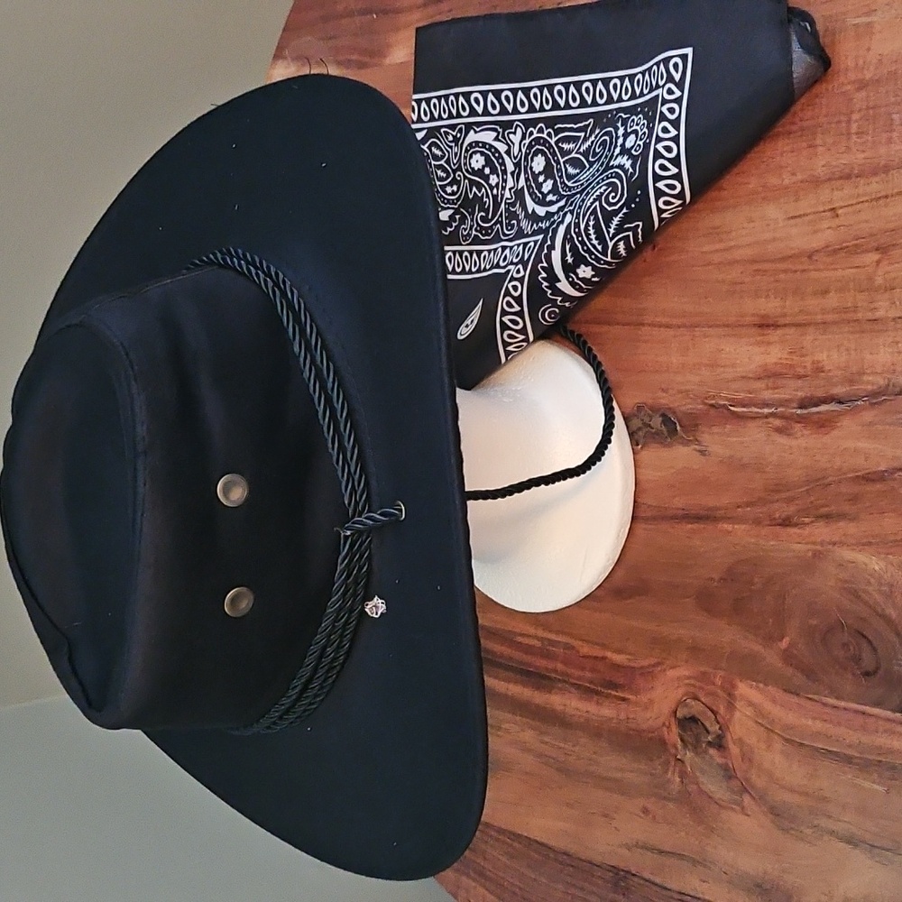 "Boots On The Ground", Stylish Black Cowboy Hat with Black Bandana